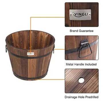 VINGLI 3 pcs Wooden Planter Barrel Set, Real Wood Indoor/Outdoor Flower Pot w/Drainage Holes, Different Sizes, Large Garden Container Box