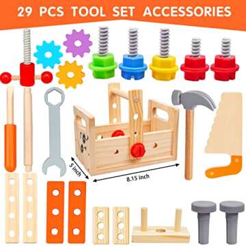 Kaodezhu Wooden Tool Set Montessori Toys for 2 3 4 5 Year Old Boy, 29Pcs Stem Toys Toddler Educational Toys Age 2-3, Tool Bench Pretend Play Construction Learning Toys for Toddler Birthday Gifts