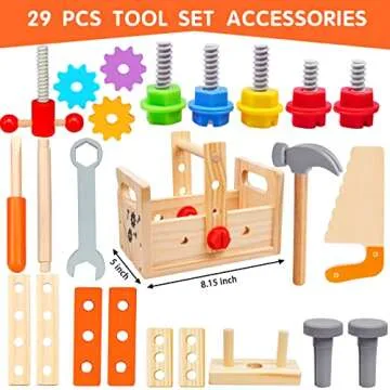 Kaodezhu Wooden Tool Set Montessori Toys for 2 3 4 5 Year Old Boy, 29Pcs Stem Toys Toddler Educational Toys Age 2-3, Tool Bench Pretend Play Construction Learning Toys for Toddler Birthday Gifts