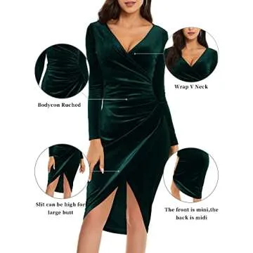HUHOT Black Cocktail Dress Velvet Fall/Winter Party Cocktail Wrap Long Sleeve Bodycon Ruched Midi Birthday Dress