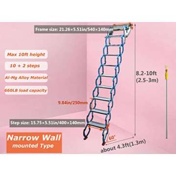 INTSUPERMAI Attic Ladder Loft Stairs 12 Loft Steps Ladder Folding Staircase Foldable Attic Stairs Pull Down with Aluminum Alloy Scissor Stair Structure No handrail 10 ft Height Blue