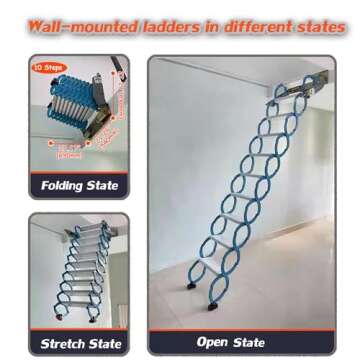 INTSUPERMAI Attic Ladder Loft Stairs 12 Loft Steps Ladder Folding Staircase Foldable Attic Stairs Pull Down with Aluminum Alloy Scissor Stair Structure No handrail 10 ft Height Blue