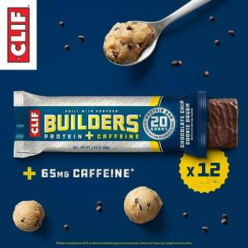 CLIF Builders + Caffeine - Chocolate Chip Cookie Dough Flavor - Plant Based Protein Bars - Gluten Fr...