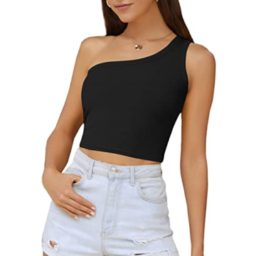 One Shoulder Sleeveless Ribbed Crop Top for Women