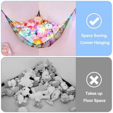 Basumee Stuffed Animals Net or Hammock with LED Light Hanging Toy Net Hammock for Stuffed Animals Storage Stuff Animals Hammocks for Nursery Kids Room with Remote Control, 8 Kinds of Lights(Pack of 1)