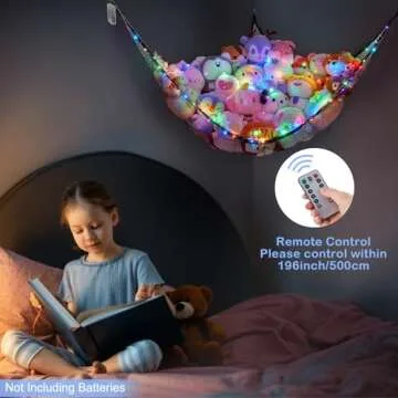 Basumee Stuffed Animals Net or Hammock with LED Light Hanging Toy Net Hammock for Stuffed Animals Storage Stuff Animals Hammocks for Nursery Kids Room with Remote Control, 8 Kinds of Lights(Pack of 1)