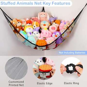 Basumee Stuffed Animals Net or Hammock with LED Light Hanging Toy Net Hammock for Stuffed Animals Storage Stuff Animals Hammocks for Nursery Kids Room with Remote Control, 8 Kinds of Lights(Pack of 1)