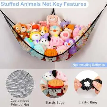 Basumee Stuffed Animals Net or Hammock with LED Light Hanging Toy Net Hammock for Stuffed Animals Storage Stuff Animals Hammocks for Nursery Kids Room with Remote Control, 8 Kinds of Lights(Pack of 1)