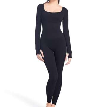 Soo slick Jumpsuits for Women Tummy Control Long Sleeve Sculpting Full Bodysuit | Square Neck Ribbed One Piece Dupes