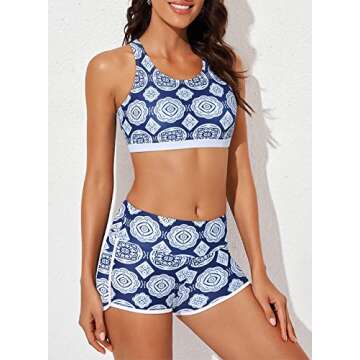 Aleumdr 3 Piece Athletic Tankini Swimsuits for Women with Shorts Swim Tank Tops with Sports Bra and Boyshorts Bathing Suits Blue Large