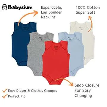 Babysium 5 Pack Sleeveless/Short Sleeve 100% Cotton Baby Bodysuit (6-9 Months, Basic Color - 2)