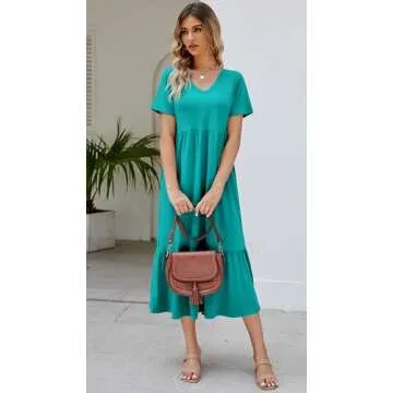 Women's 2025 Summer Short Sleeve V Neck Swing Dress Flowy Tiered Maxi Beach Sundress with Pockets Li...