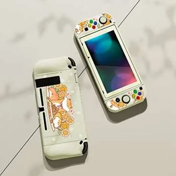 PlayVital ZealProtect Soft Protective Case for Nintendo Switch, Flexible Cover for Switch with Tempered Glass Screen Protector & Thumb Grip Caps & ABXY Direction Button Caps - Hamster & Sunflower