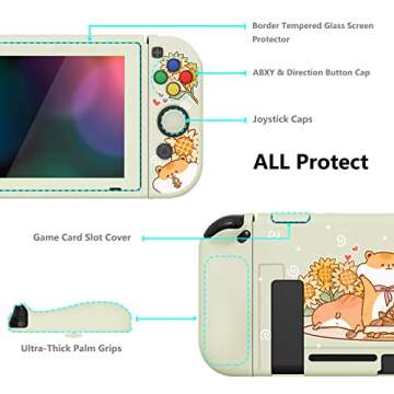 PlayVital ZealProtect Soft Protective Case for Nintendo Switch, Flexible Cover for Switch with Tempered Glass Screen Protector & Thumb Grip Caps & ABXY Direction Button Caps - Hamster & Sunflower