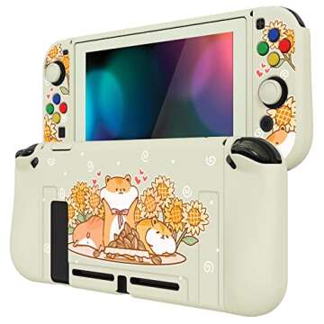 PlayVital ZealProtect Soft Protective Case for Nintendo Switch, Flexible Cover for Switch with Tempered Glass Screen Protector & Thumb Grip Caps & ABXY Direction Button Caps - Hamster & Sunflower