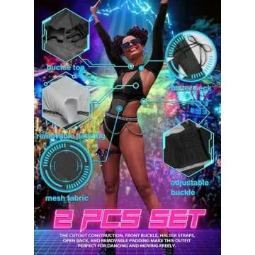 Ella Lust Rave Outfits for Women - EDC Festival Neon Bodysuit Concert Swimsuit Mesh Buckle Crop Top Club Party 2 Pcs Set(Black,S,1017a)