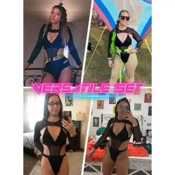 Ella Lust Rave Outfits for Women - EDC Festival Neon Bodysuit Concert Swimsuit Mesh Buckle Crop Top Club Party 2 Pcs Set(Black,S,1017a)