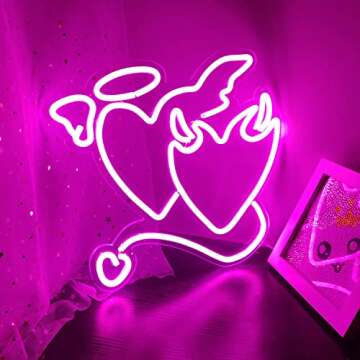 Angel Devil Neon Signs Pink Heart Led Sign for Bedroom 14''x13’’ Acrylic Love Neon Sign Wedding Neon Light Sign for Wall Dcor Bar Living Room Valentine's Day Girl Gift Christmas Party