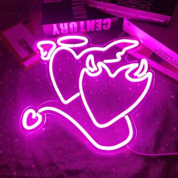 Angel Devil Neon Signs Pink Heart Led Sign for Bedroom 14''x13’’ Acrylic Love Neon Sign Wedding Neon Light Sign for Wall Dcor Bar Living Room Valentine's Day Girl Gift Christmas Party