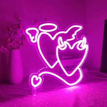 Angel Devil Neon Signs Pink Heart Led Sign for Bedroom 14''x13’’ Acrylic Love Neon Sign Wedding Neon Light Sign for Wall Dcor Bar Living Room Valentine's Day Girl Gift Christmas Party