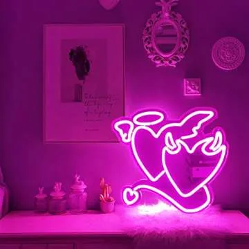 Angel Devil Neon Signs Pink Heart Led Sign for Bedroom 14''x13’’ Acrylic Love Neon Sign Wedding Neon Light Sign for Wall Dcor Bar Living Room Valentine's Day Girl Gift Christmas Party
