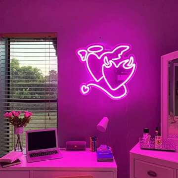 Angel Devil Neon Signs Pink Heart Led Sign for Bedroom 14''x13’’ Acrylic Love Neon Sign Wedding Neon Light Sign for Wall Dcor Bar Living Room Valentine's Day Girl Gift Christmas Party
