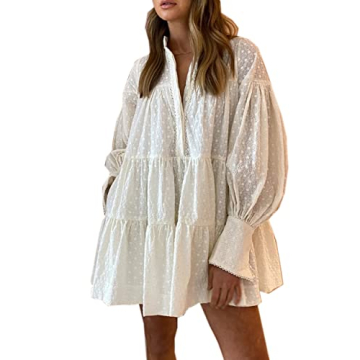 Roiii Women's Casual Long Sleeve Dress Sundress Swing Dress Tunic Dress Button Down Loose Flowy Swin...