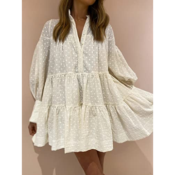 Roiii Women's Casual Long Sleeve Dress Sundress Swing Dress Tunic Dress Button Down Loose Flowy Swing Shift Dresses