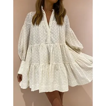 Roiii Women's Casual Long Sleeve Dress Sundress Swing Dress Tunic Dress Button Down Loose Flowy Swing Shift Dresses