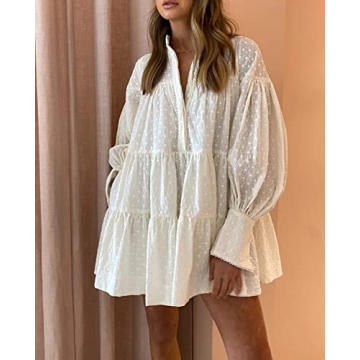 Roiii Women's Casual Long Sleeve Dress Sundress Swing Dress Tunic Dress Button Down Loose Flowy Swing Shift Dresses