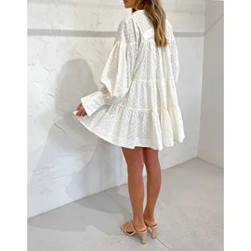 Roiii Women's Casual Long Sleeve Dress Sundress Swing Dress Tunic Dress Button Down Loose Flowy Swing Shift Dresses