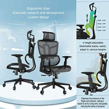 Ergonomic Office Chair, Computer Chair Mesh Desk Chair with Wheels, Adjustable 4D Smart Lumbar Support, Armrests, Seat Depth and Headrest for Home Bedroom Study Dorm Student Adults