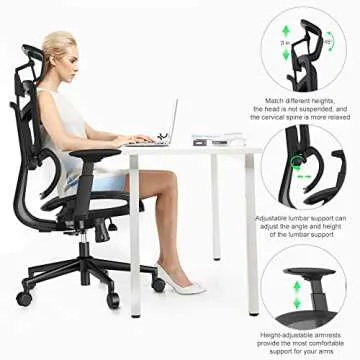 Ergonomic Office Chair, Computer Chair Mesh Desk Chair with Wheels, Adjustable 4D Smart Lumbar Support, Armrests, Seat Depth and Headrest for Home Bedroom Study Dorm Student Adults