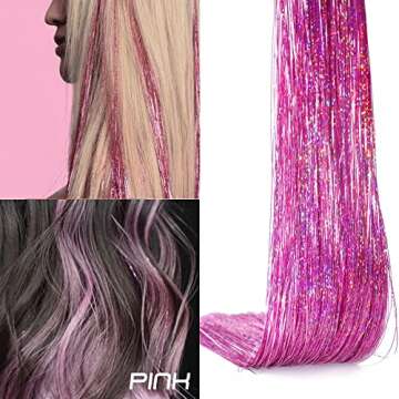 SEPTBEAM Clip-in Hair Tinsel Extensions - Sparkle in Pink, 20.5 Inch