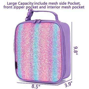 FlowFly Lunch box Insulated Soft Bag Mini Cooler Back to School Thermal Meal Tote Kit for Girls, Boys,Purple#Glitter