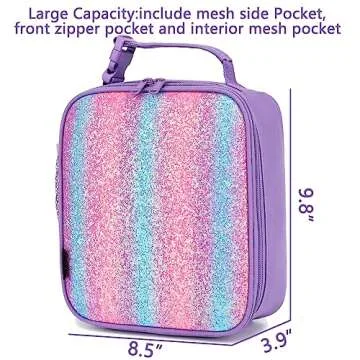 FlowFly Lunch box Insulated Soft Bag Mini Cooler Back to School Thermal Meal Tote Kit for Girls, Boys,Purple#Glitter