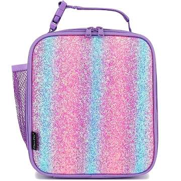 FlowFly Lunch box Insulated Soft Bag Mini Cooler Back to School Thermal Meal Tote Kit for Girls, Boys,Purple#Glitter