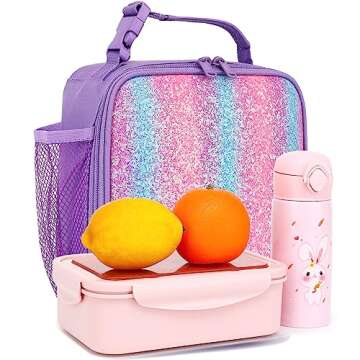 FlowFly Lunch box Insulated Soft Bag Mini Cooler Back to School Thermal Meal Tote Kit for Girls, Boys,Purple#Glitter