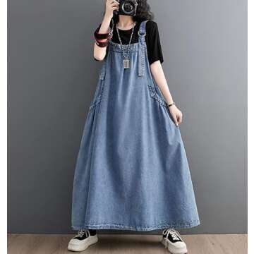 EXPOING Denim Jumper Dress for Women Loose Version Baggy Style Maxi Length Adjustable Straps Wide He...