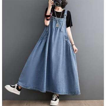 EXPOING Denim Jumper Dress for Women Loose Version Baggy Style Maxi Length Adjustable Straps Wide Hemline (US, Alpha, X-Large, Regular, Regular, Light Blue XL)