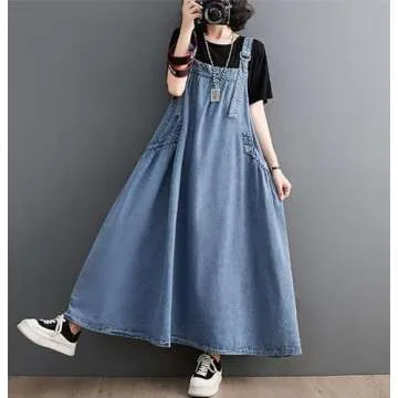 EXPOING Denim Jumper Dress for Women Loose Version Baggy Style Maxi Length Adjustable Straps Wide Hemline (US, Alpha, X-Large, Regular, Regular, Light Blue XL)