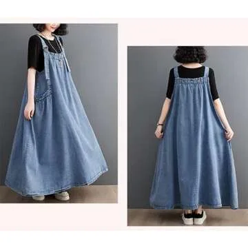 EXPOING Denim Jumper Dress for Women Loose Version Baggy Style Maxi Length Adjustable Straps Wide Hemline (US, Alpha, X-Large, Regular, Regular, Light Blue XL)