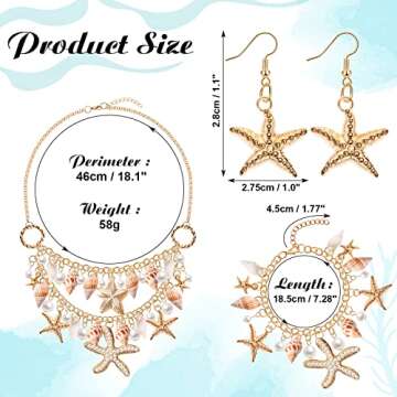 Hillban 6 Pieces Women Mermaid Jewelry Starfish Necklace Bracelets Seashell Purse Summer Beach Earrings Hair Clip Costume Accessories(Gold,Starfish Style)