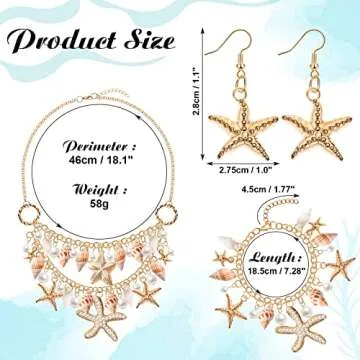 Hillban 6 Pieces Women Mermaid Jewelry Starfish Necklace Bracelets Seashell Purse Summer Beach Earrings Hair Clip Costume Accessories(Gold,Starfish Style)