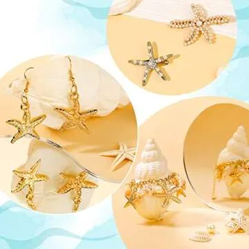 Hillban 6 Pieces Women Mermaid Jewelry Starfish Necklace Bracelets Seashell Purse Summer Beach Earrings Hair Clip Costume Accessories(Gold,Starfish Style)