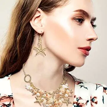 Hillban 6 Pieces Women Mermaid Jewelry Starfish Necklace Bracelets Seashell Purse Summer Beach Earrings Hair Clip Costume Accessories(Gold,Starfish Style)