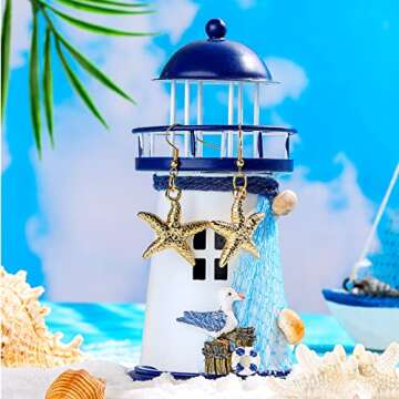 Hillban 6 Pieces Women Mermaid Jewelry Starfish Necklace Bracelets Seashell Purse Summer Beach Earrings Hair Clip Costume Accessories(Gold,Starfish Style)