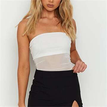 Women Y2k Strapless Tube Top Sexy Bodycon Sheer Mesh Patchwork See Through Backless Mini Crop Top Summer Night Club Wear A White