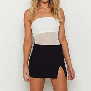 Women Y2k Strapless Tube Top Sexy Bodycon Sheer Mesh Patchwork See Through Backless Mini Crop Top Summer Night Club Wear A White