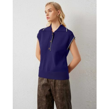 MISSACTIVER Women Casual Button Down Lapel Collar Sweater Vest Sleeveless Knit Loose Fit Stripe Trim Pullover Tank Tops(Large,Navy)